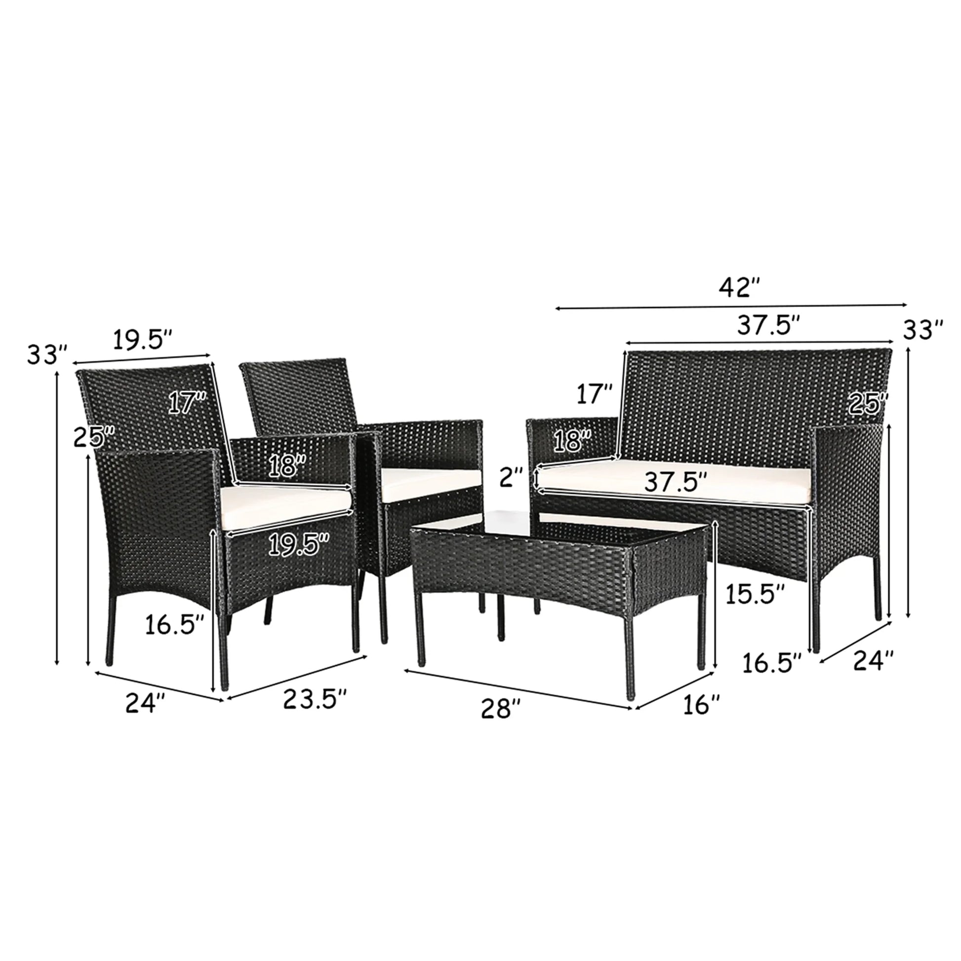 4PCS Patio Rattan Furniture Set Cushioned Sofa Coffee Table Backyard Porch White