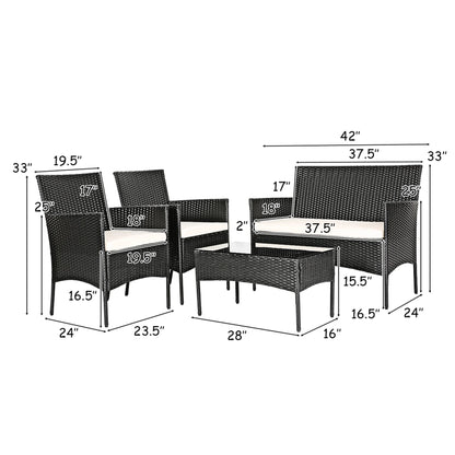 4PCS Patio Rattan Furniture Set Cushioned Sofa Coffee Table Backyard Porch White