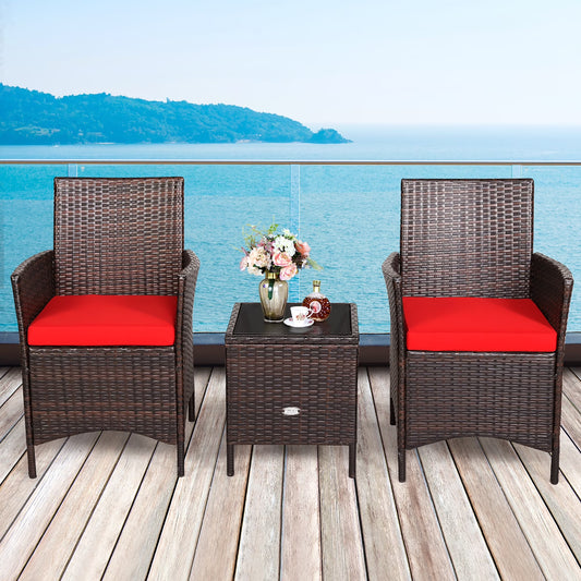 3PCS Patio Rattan Furniture Set Cushioned Sofa Glass Tabletop Deck Red