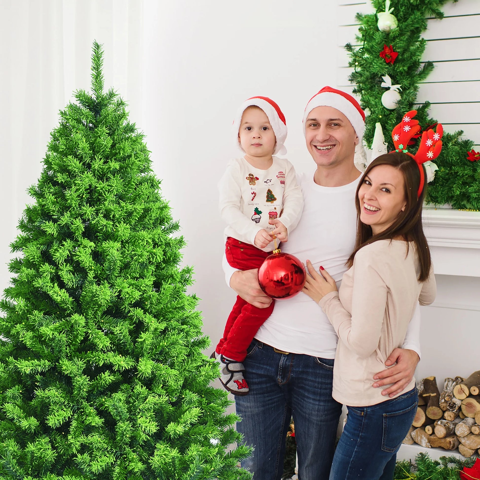 6.5Ft Green Flocked Hinged Artificial Christmas Tree W/ Metal Stand Green