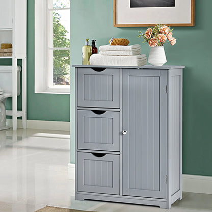 Bathroom Floor Cabinet Side Storage Cabinet with 3 Drawers and 1 Cupboard Grey