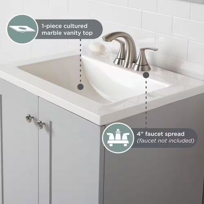 25 In. Single Sink Pearl Gray Bath Vanity with White Cultured Marble Top (Assembled)