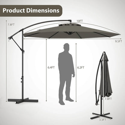 10 FT Patio Offset Umbrella W/8 Ribs Cross Base Tilt Grey