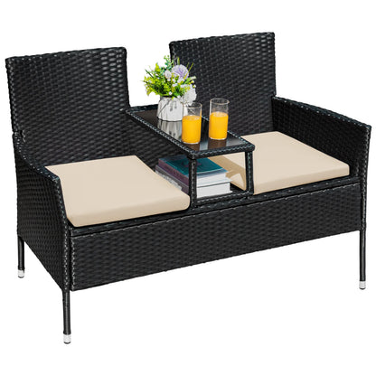 Outdoor Patio Loveseat Modern Rattan Patio Conversation Furniture Set with Cushions and Built-In Coffee Table Porch Furniture for Garden Lawn Backyard, Red