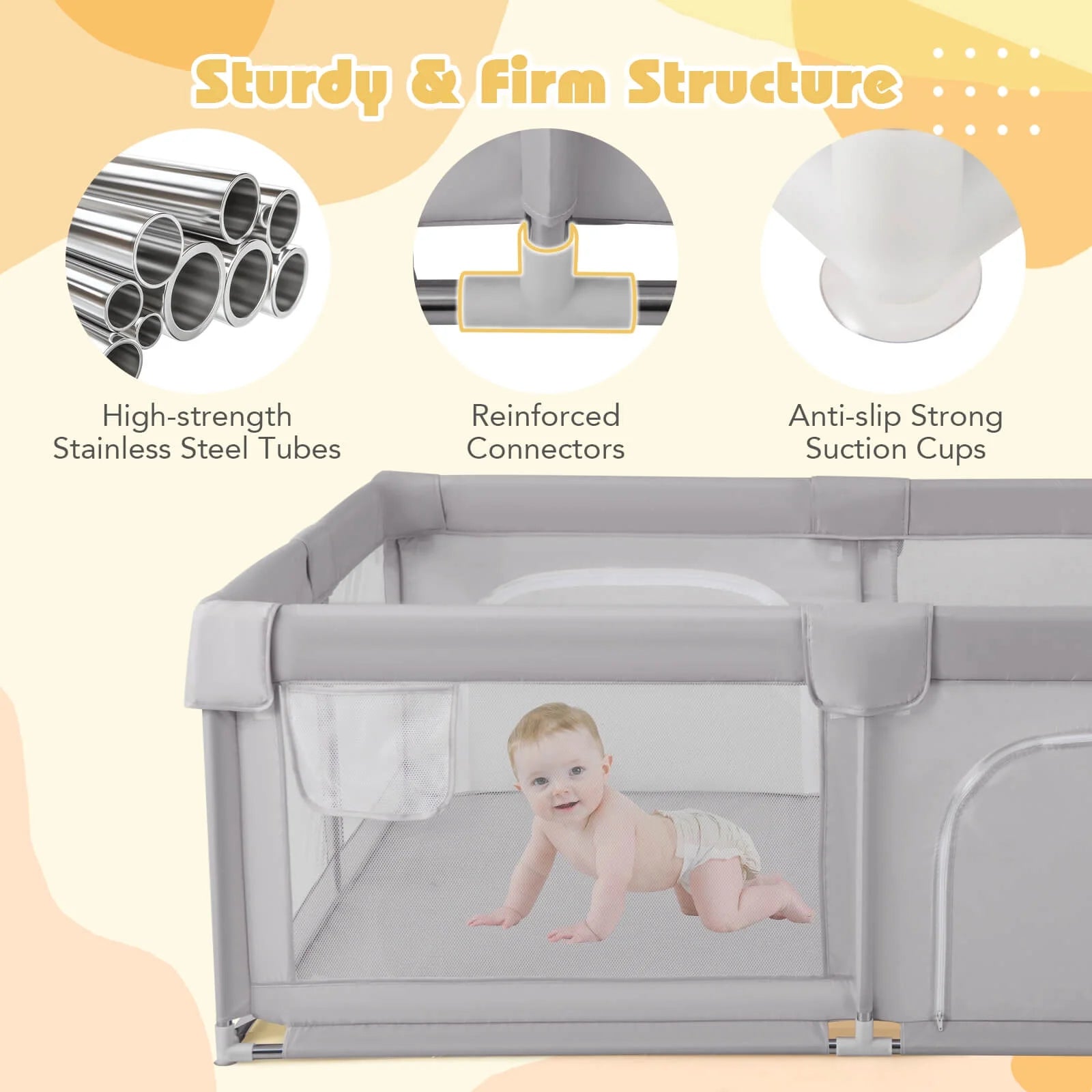 75" X 59" Large Baby Playpen with Breathable Mesh & Zipper Doors Play Yard Fence Gray