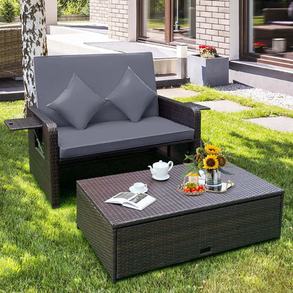 Patio Rattan Loveseat Set Daybed Lounge Storage Ottoman Side Tables Adjust Gray