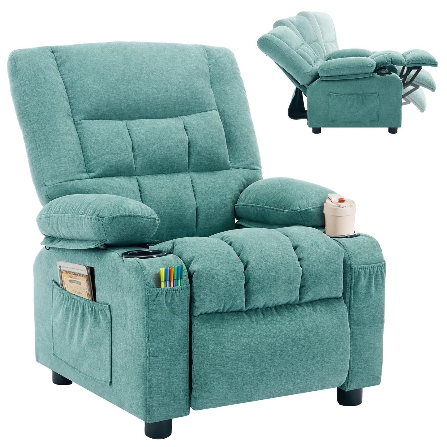Kids Recliner Chair,Push Back Toddler Recliner with Cup Holders & Side Pockets,Adjustable Footrest & Headrest Kids Sofa for Boys Girls 3+ Age Group, Grey