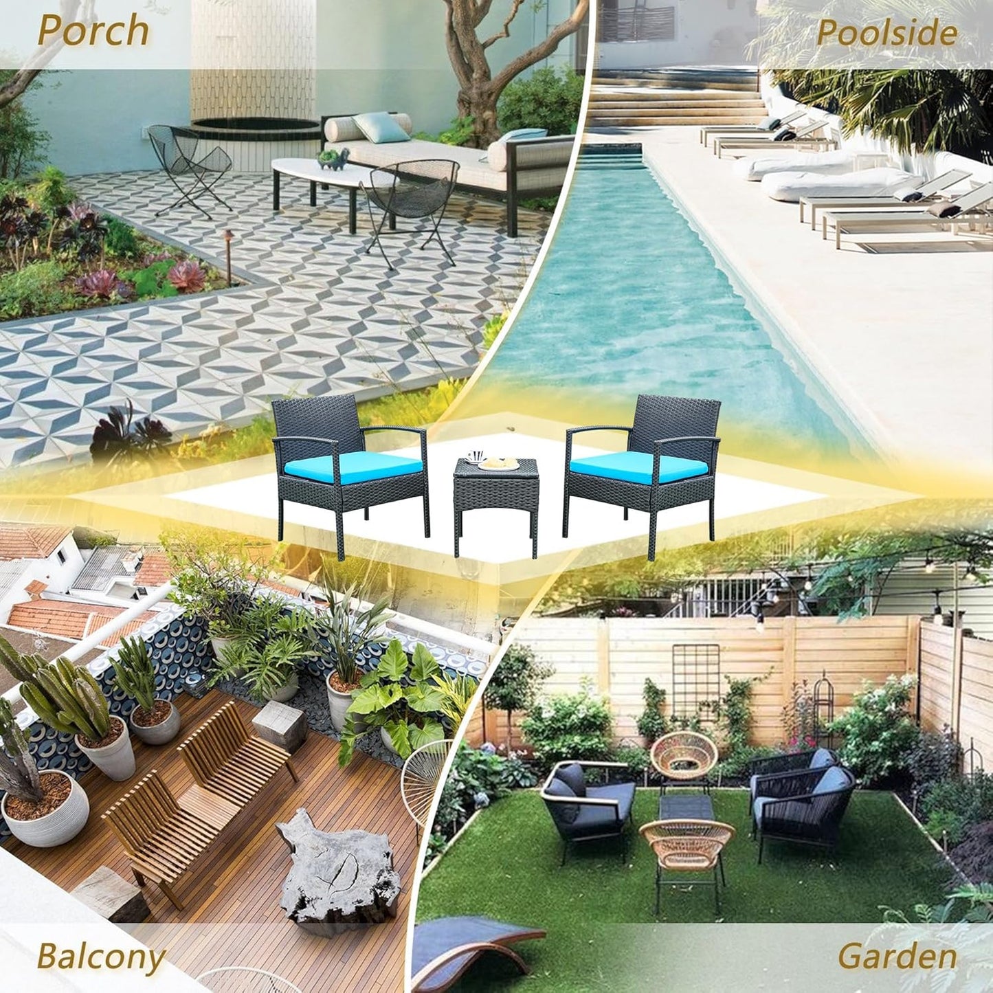Patio Porch Furniture Set, 3 PCS Outdoor Patio Furniture with Rattan Chairs, Table, Blue Cushions for Garden Porch Balcony Yard