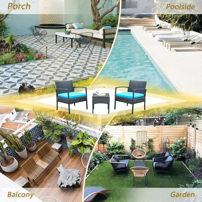 Patio Porch Furniture Set, 3 PCS Outdoor Patio Furniture with Rattan Chairs, Table, Blue Cushions for Garden Porch Balcony Yard