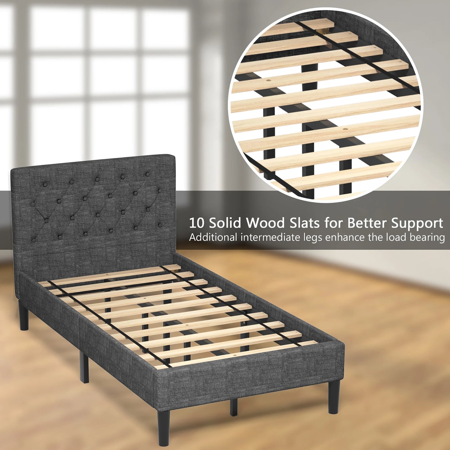 Twin Upholstered Bed Frame Diamond Stitched Headboard Wood Slat Support