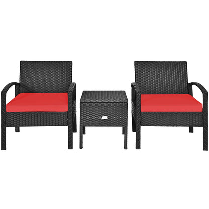 3PCS Patio Rattan Furniture Set Storage Table Cushioned Sofa Deck Red