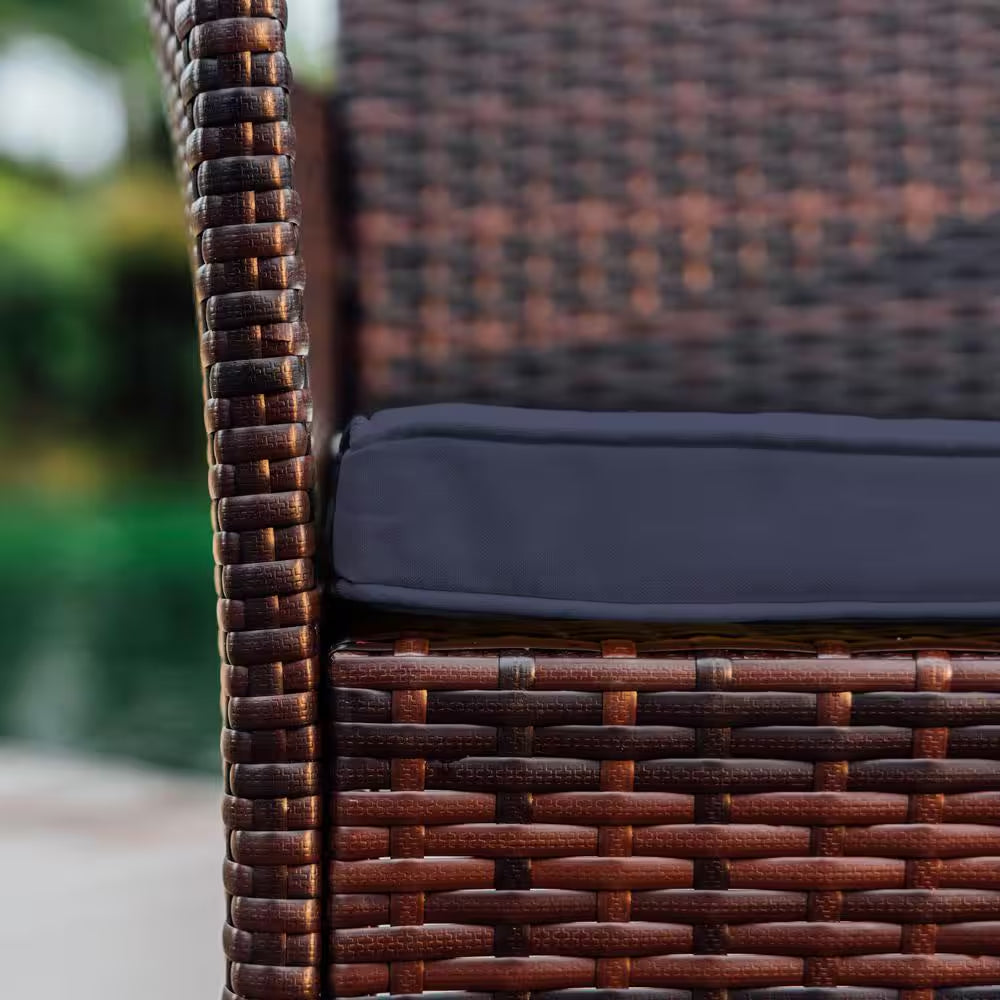 4-Piece Brown Patio Outdoor Furniture Wicker Conversation Set with Blue Cushions, 1-Loveseat, 2-Chairs and Coffee Table
