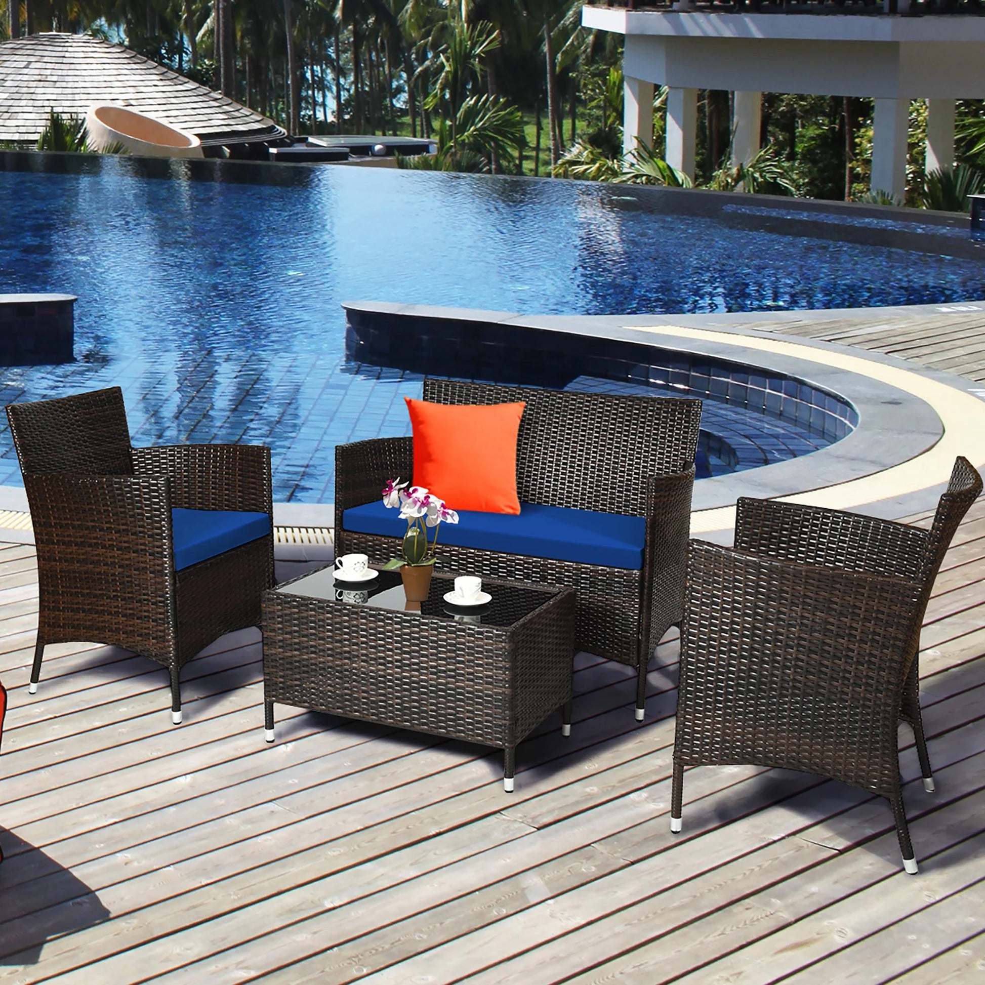 4PCS Rattan Patio Furniture Set Cushioned Sofa Chair Coffee Table Navy