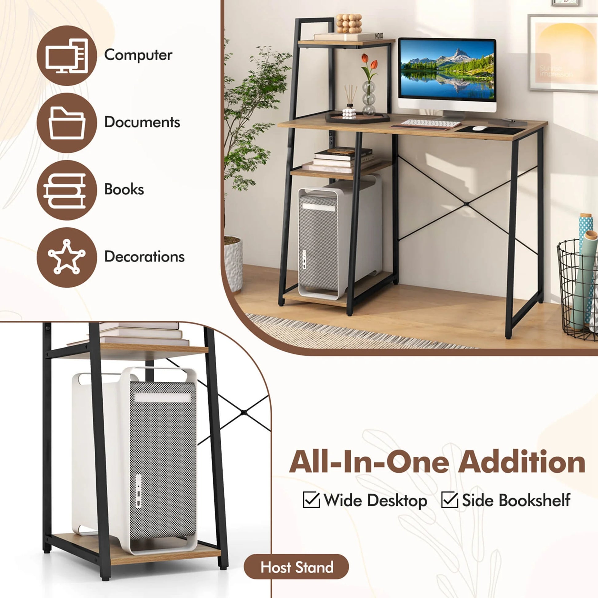 Home Office Desk with Bookshelf Host Stand Metal Frame Study Writing Desk