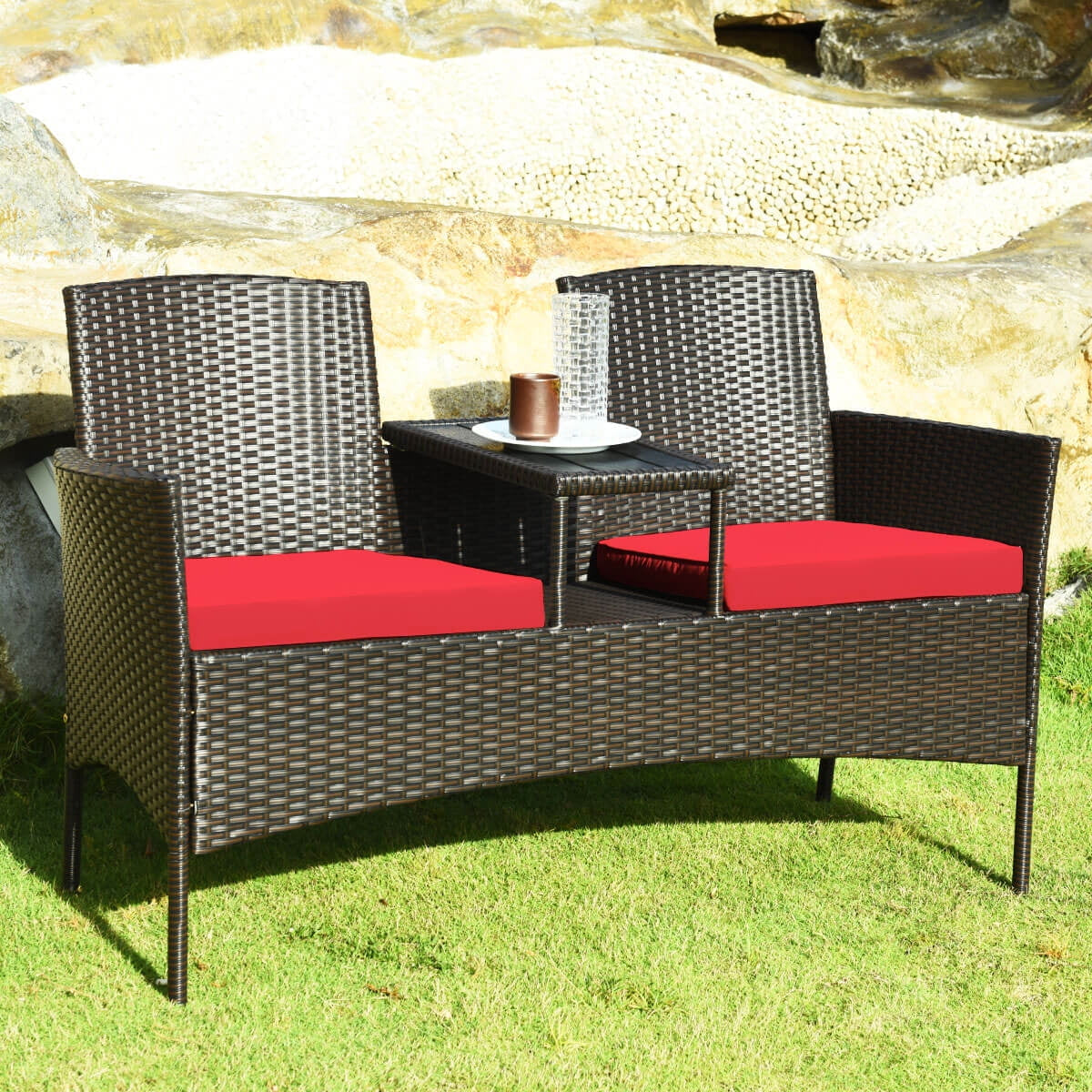 Patio Rattan Conversation Set Seat Sofa Cushioned Loveseat Glass Table Chair Red