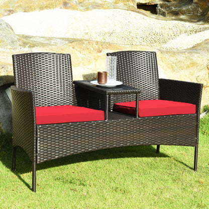 Patio Rattan Conversation Set Seat Sofa Cushioned Loveseat Glass Table Chair Red