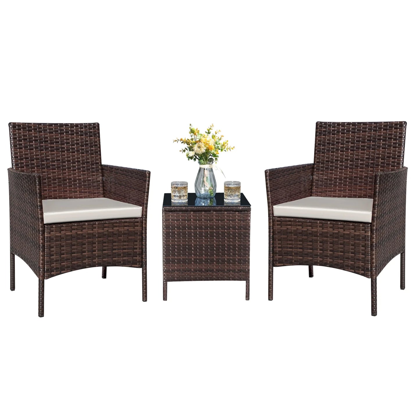 3 Pieces Patio Furniture Set Outdoor PE Rattan Wicker Patio Conversation Set Bistro Set with Tempered Glass and Cushioned Chairs, Brown/Beige