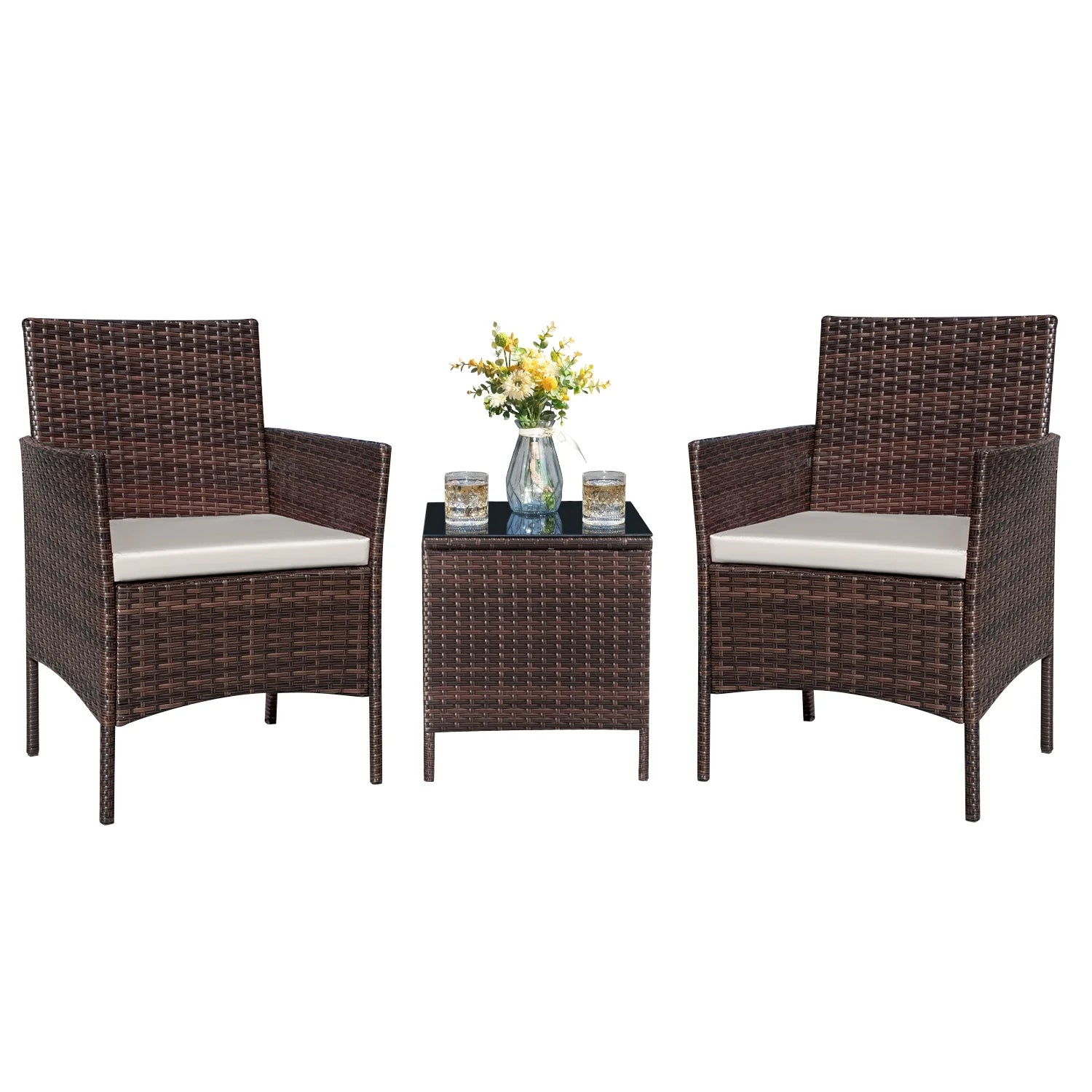 3 Pieces Patio Furniture Set Outdoor PE Rattan Wicker Patio Conversation Set Bistro Set with Tempered Glass and Cushioned Chairs, Brown/Beige