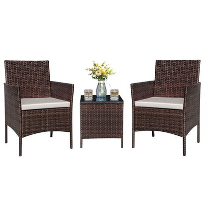 3 Pieces Patio Furniture Set Outdoor PE Rattan Wicker Patio Conversation Set Bistro Set with Tempered Glass and Cushioned Chairs, Brown/Beige