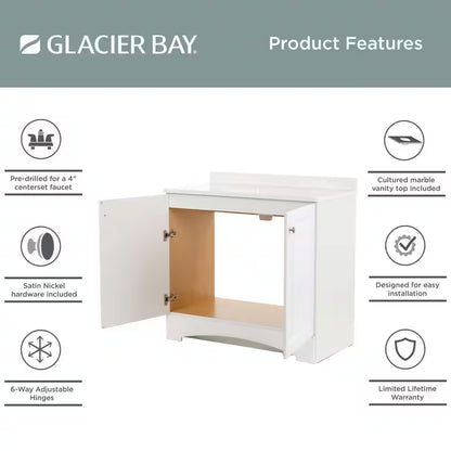 37 In. Single Sink White Bath Vanity with Cultured Marble Top (Assembled)