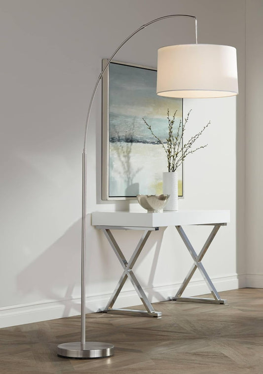 Cora Modern Arched Task Floor Lamp Standing 72" Tall Brushed Nickel Silver off White Linen Fabric Drum Shade for Living Room Reading House Bedroom Home Decor