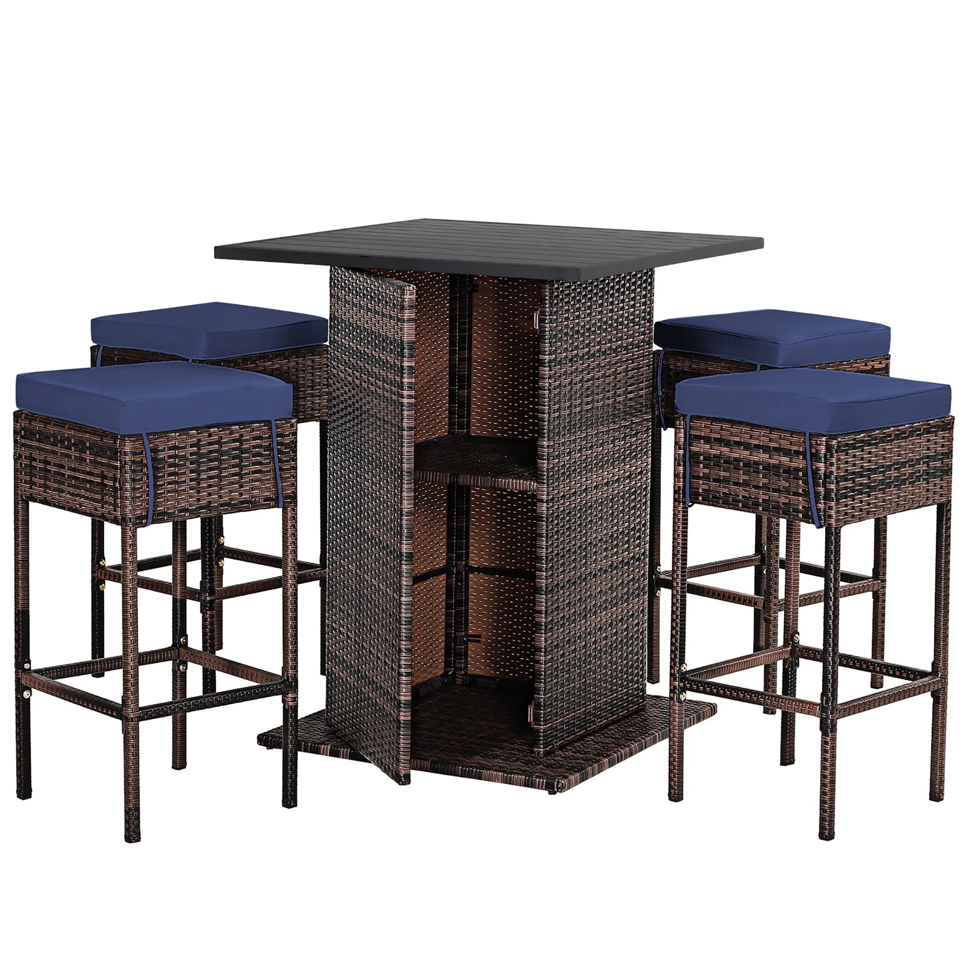5PCS Patio Rattan Bar Table Stool Set Hidden Storage Shelf Cushioned Navy