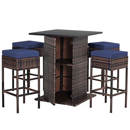 5PCS Patio Rattan Bar Table Stool Set Hidden Storage Shelf Cushioned Navy