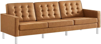 Loft Tufted Button Faux Leather Upholstered Loveseat in Silver Black