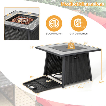 35'' Propane Gas Fire Pit Table Patio PE Wicker Rattan W/ Lava Rocks PVC Cover
