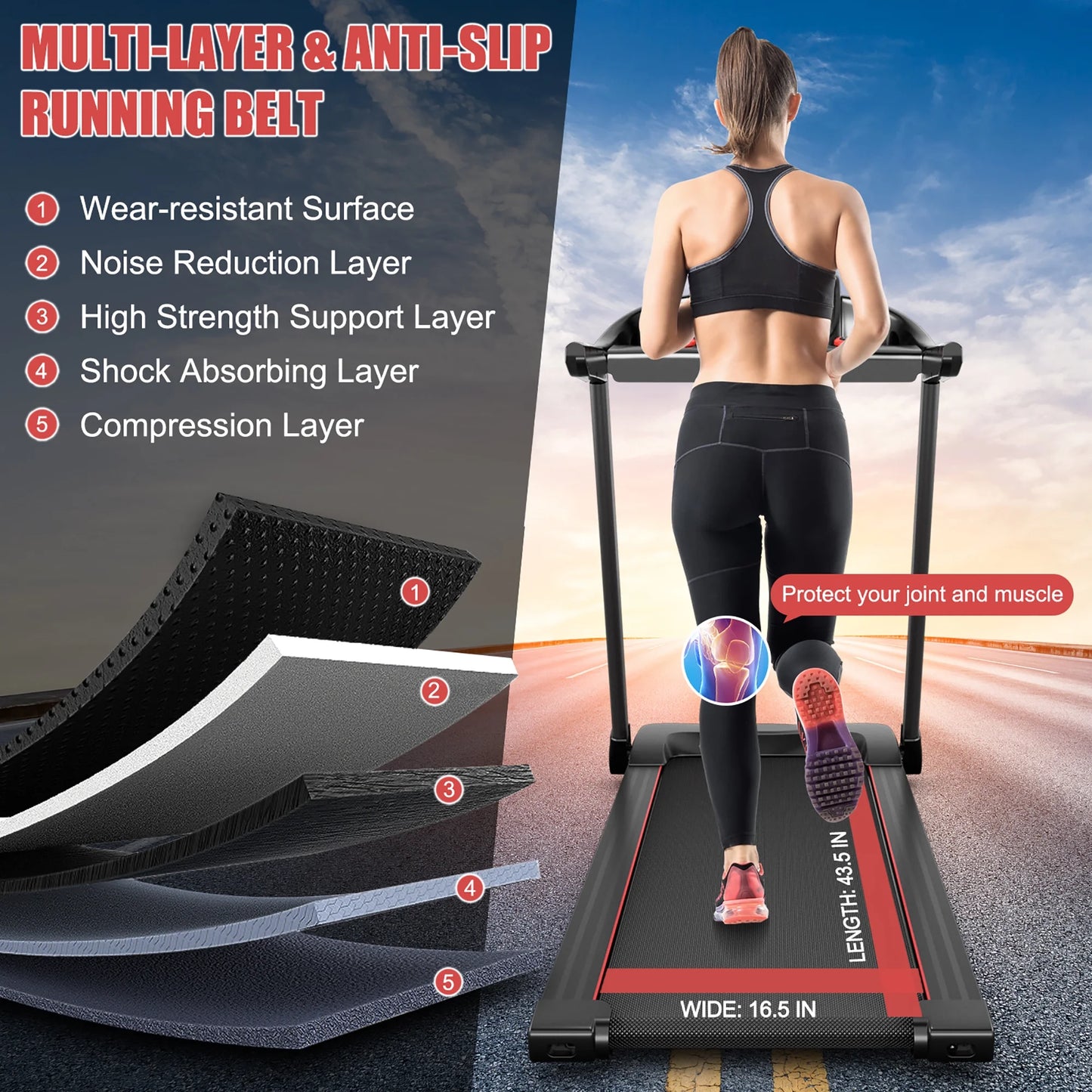 Superfit 2.25HP Electric Running Machine Treadmill Bluetooth Speaker APP Control Red