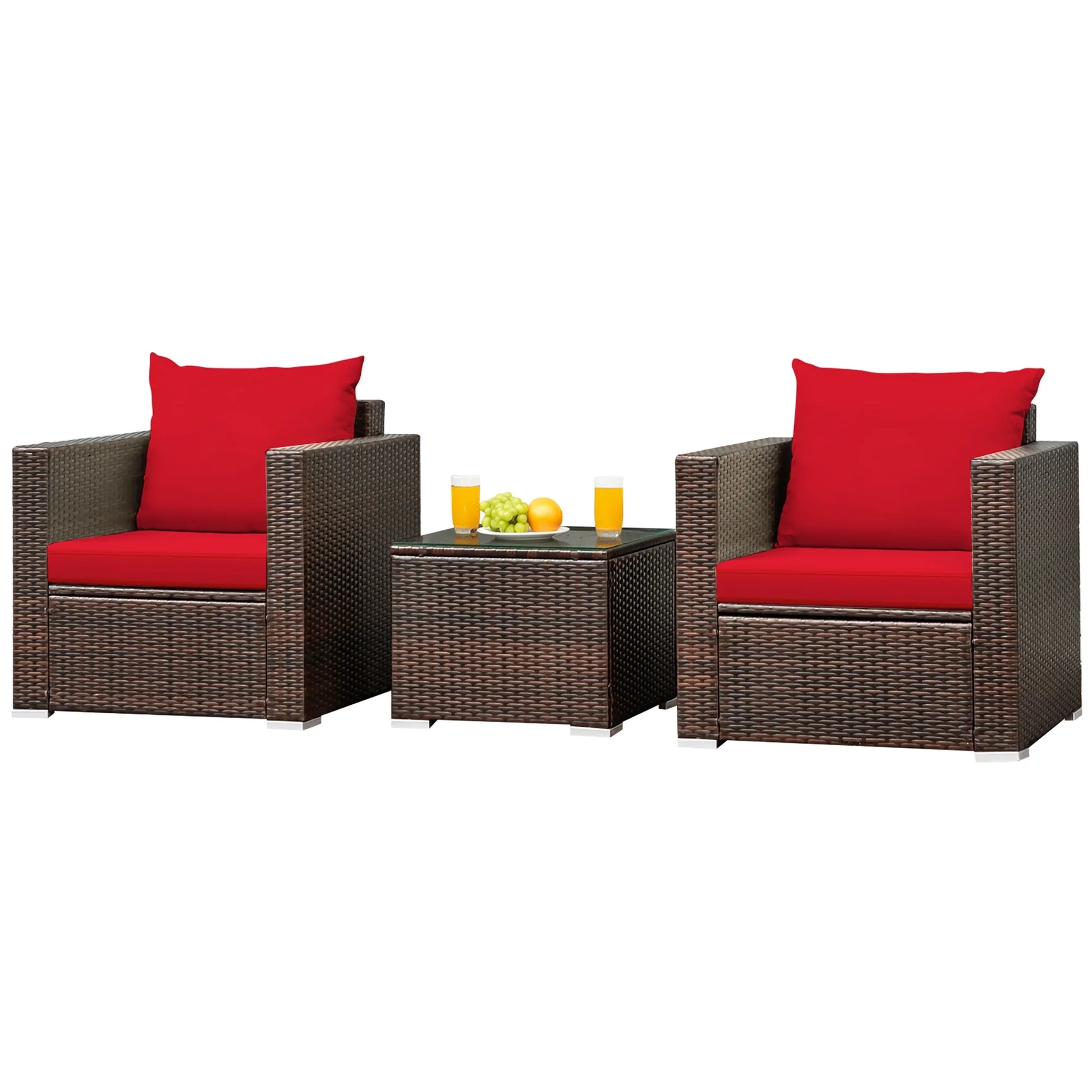 3PCS Patio Rattan Furniture Set Conversation Sofa Cushioned Garden Red