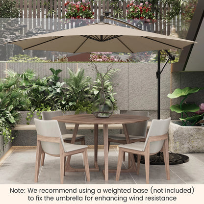 10FT Patio Solar-Lighted 112 LED Cantilever Offset Umbrella Crank Tilt Outdoor Beige