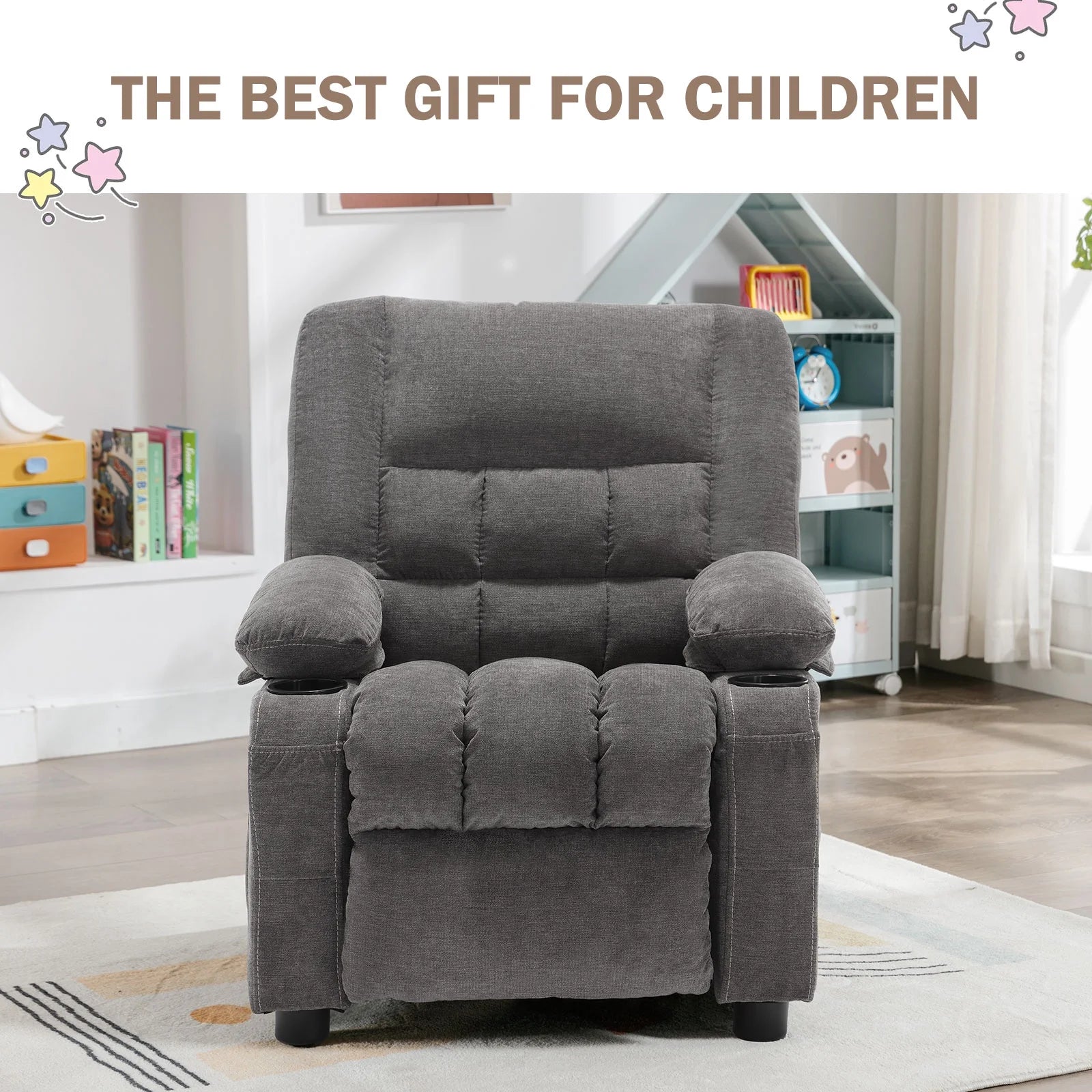 Kids Recliner Chair,Push Back Toddler Recliner with Cup Holders & Side Pockets,Adjustable Footrest & Headrest Kids Sofa for Boys Girls 3+ Age Group, Grey
