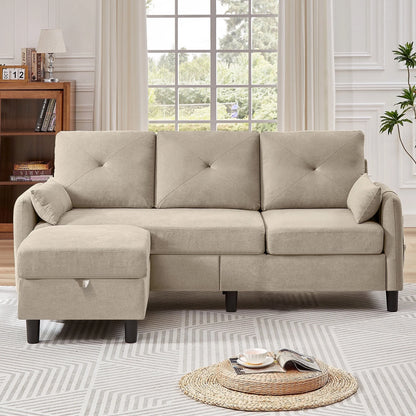 Convertible Sectional Sofa L Shaped Sofa Modern Fabric 3 Seat Couch with Reversible Storage Ottoman and Side Storage Pocket for Living Room Office Apartment Studio