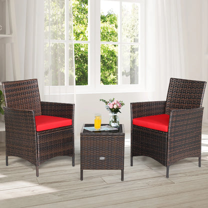 3PCS Patio Rattan Furniture Set Cushioned Sofa Glass Tabletop Deck Red
