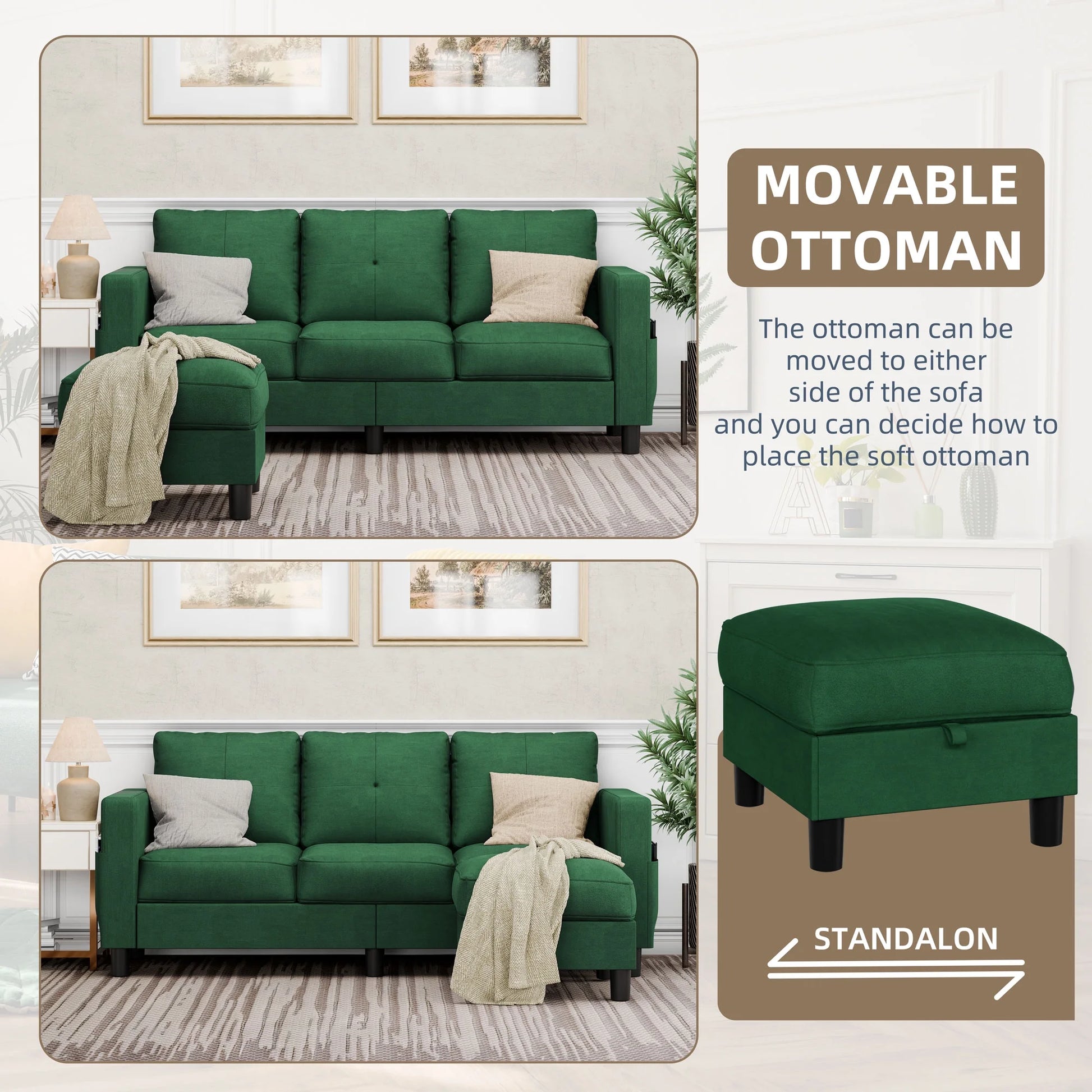 Convertible Sectional Sofa Couch, Modern Linen Fabric L-Shaped 3-Seat Sofa Sectional with Reversible Chaise for Small Space (Green)