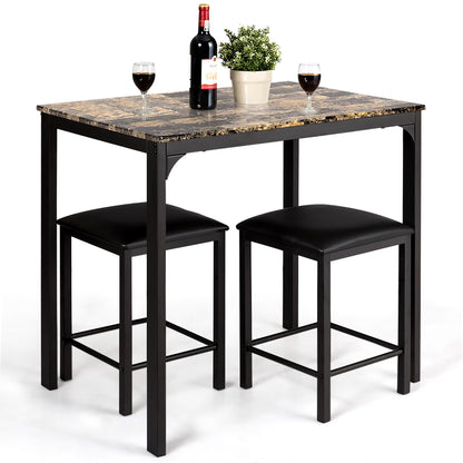 3 Piece Counter Height Dining Set Faux Marble Table and 2 Chairs Kitchen Bar