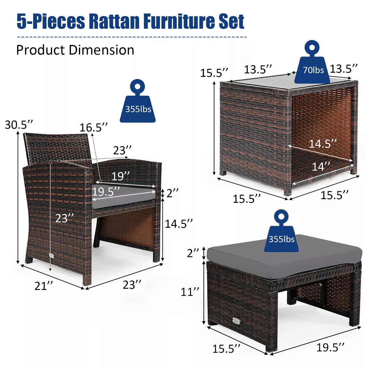 Costway 5PCS Patio Rattan Wicker Furniture Set Sofa Ottoman W/ Cushions