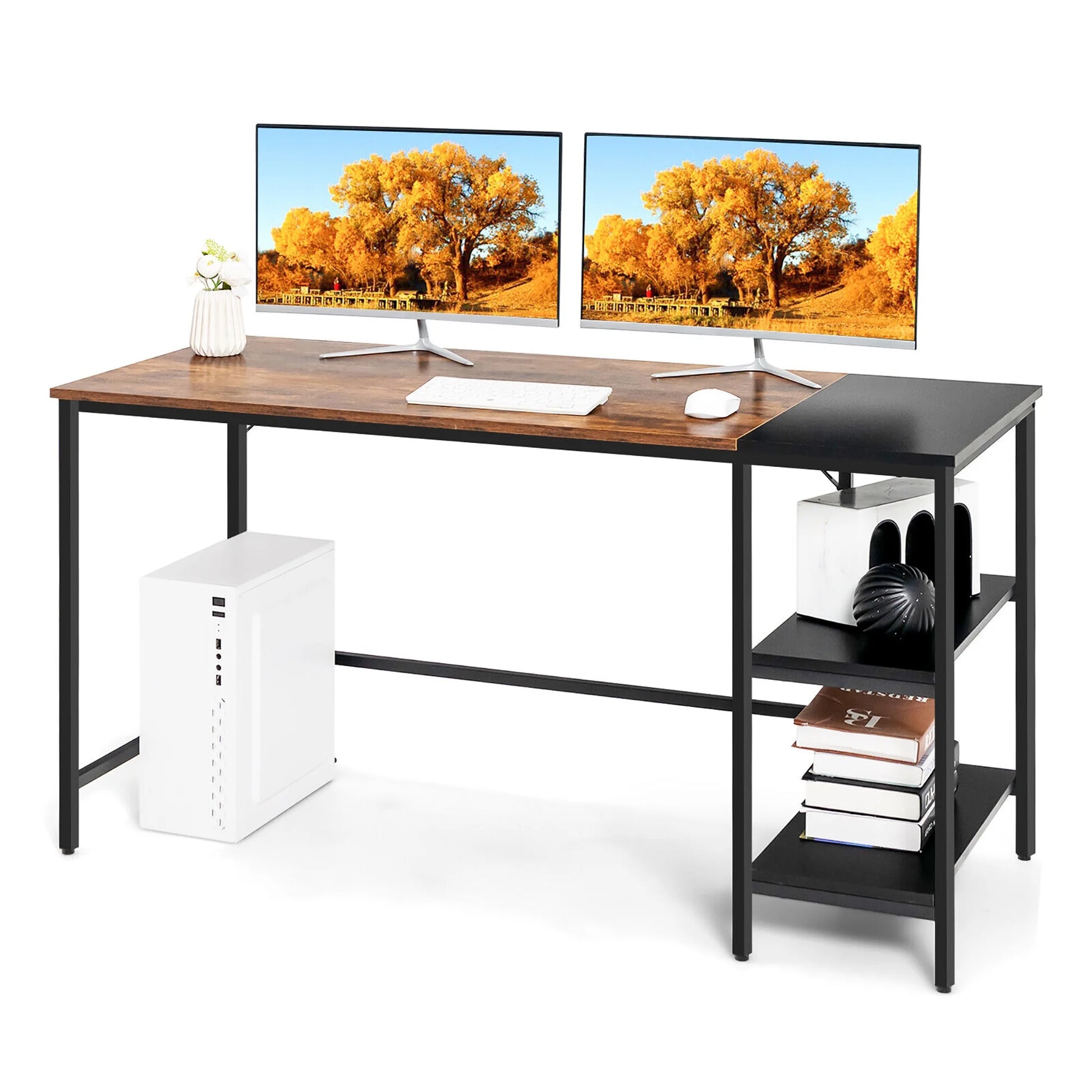 55'' Computer Desk Writing Workstation Study Table Home Office with Bookshelf Rustic