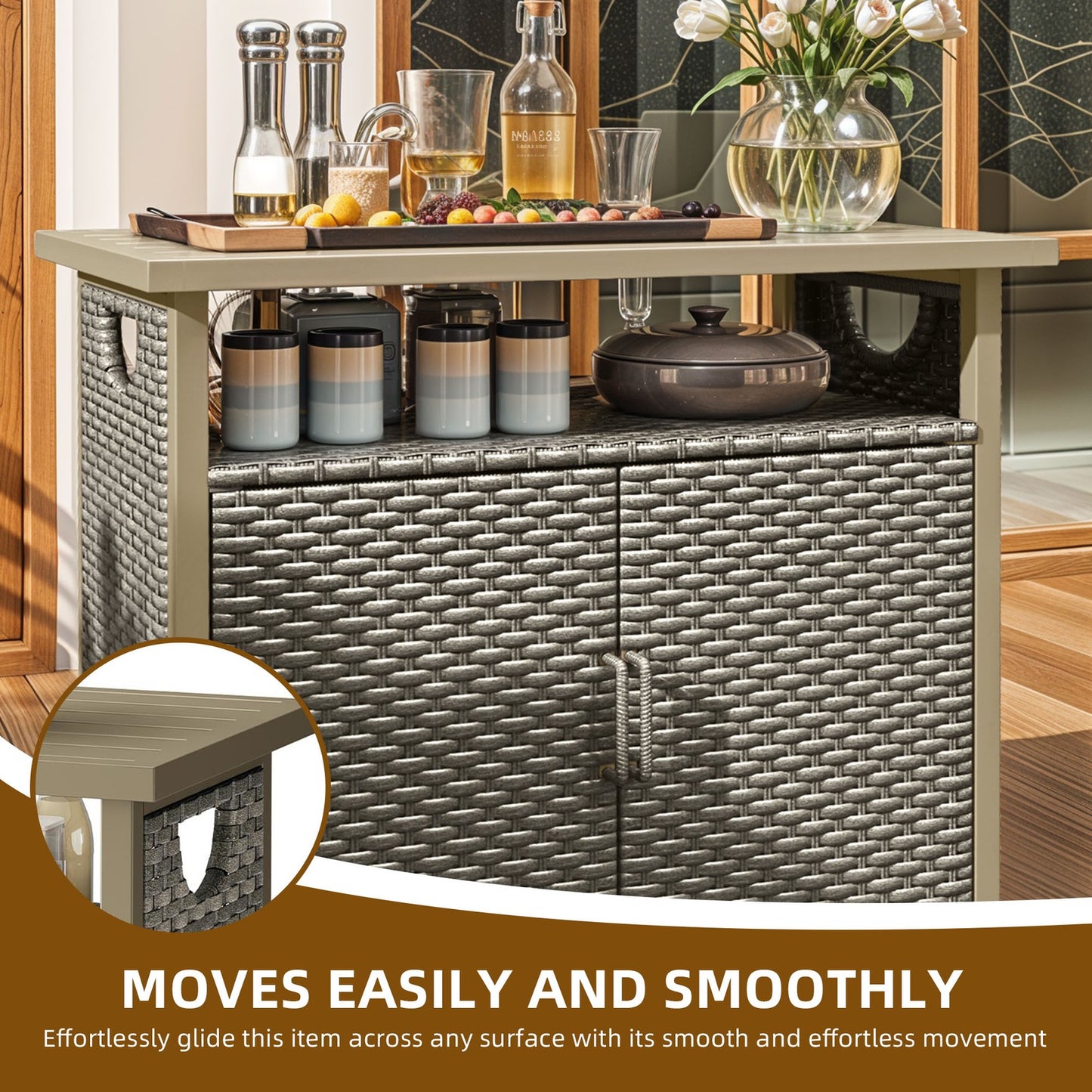 Outdoor Storage Cabinet Patio Wicker Bar Counter Table 2 Doors Backyard Patio