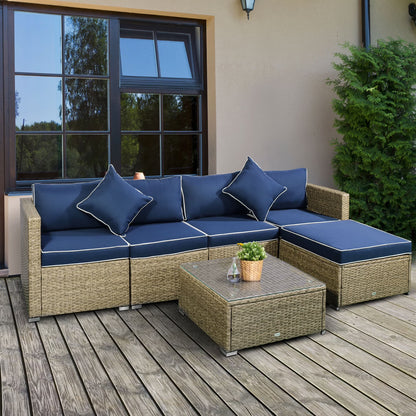 6 Pieces Patio Furniture Sets Outdoor Wicker All Weather PE Rattan Sectional Sofa Set with Ottoman, Cushions & Tempered Glass Desktop, Gray