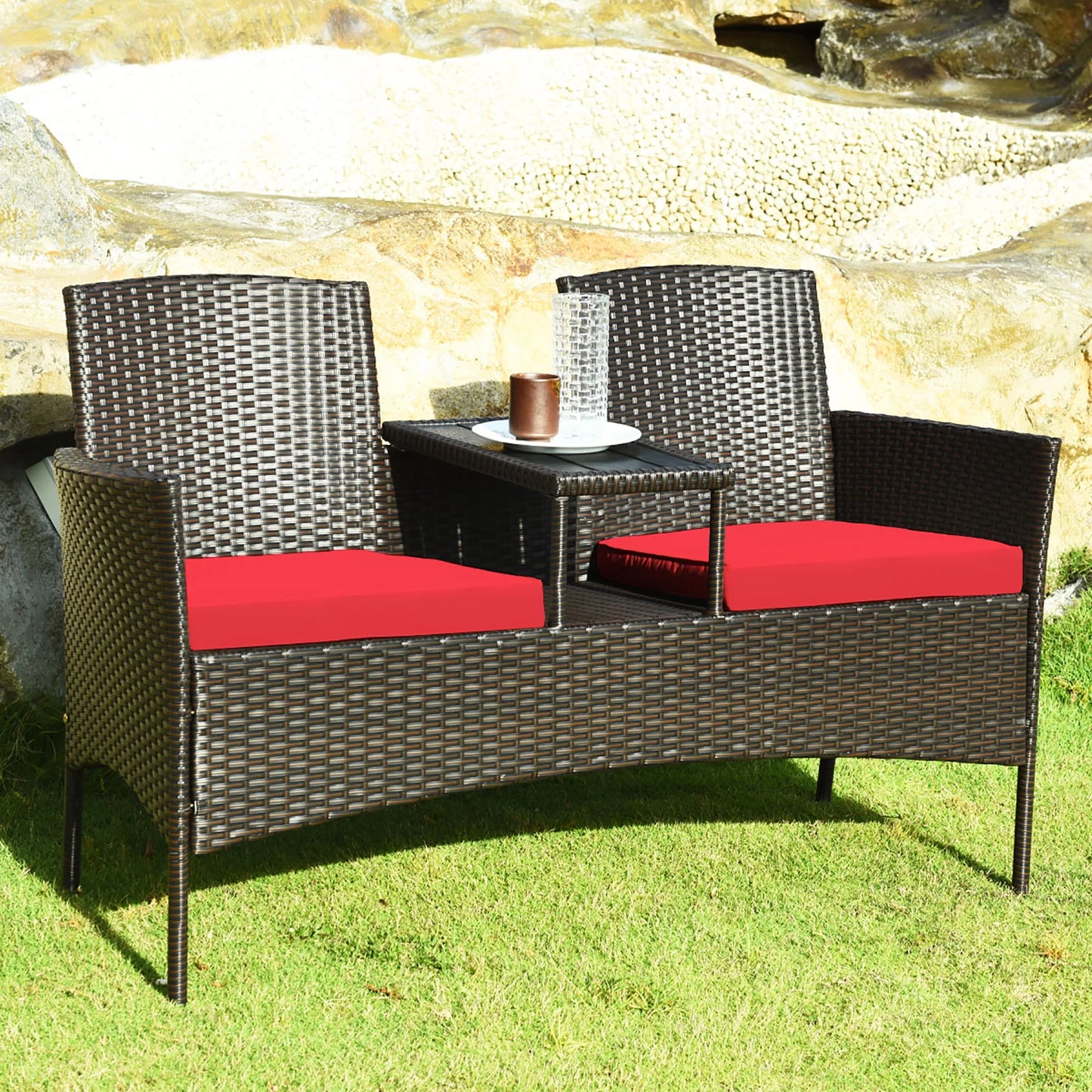 Patio Rattan Loveseat Sofa Cushioned Coffee Table Red