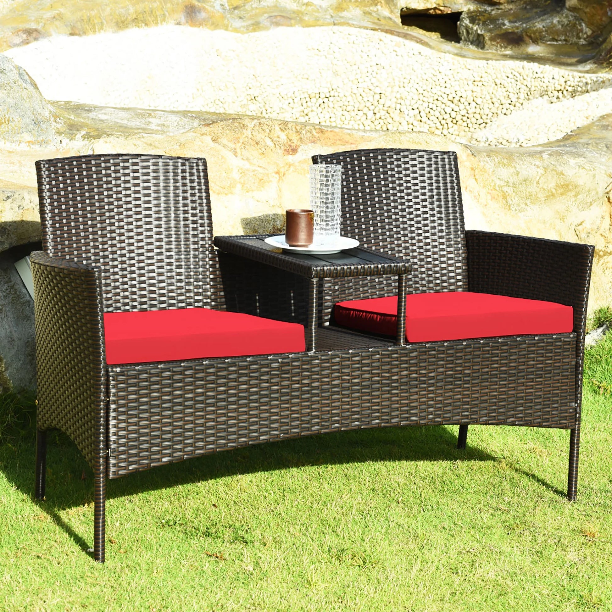 Patio Rattan Loveseat Sofa Cushioned Coffee Table Red