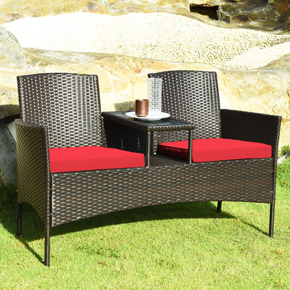 Patio Rattan Loveseat Sofa Cushioned Coffee Table Red