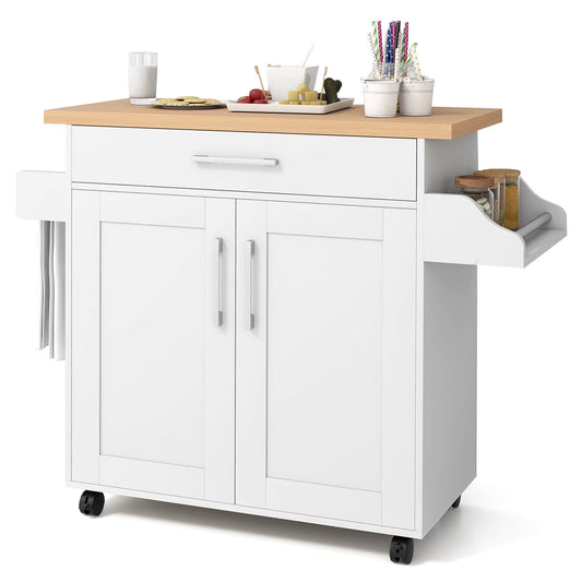 Rolling Kitchen Island Cart Storage Cabinet W/ Towel & Spice Rack White