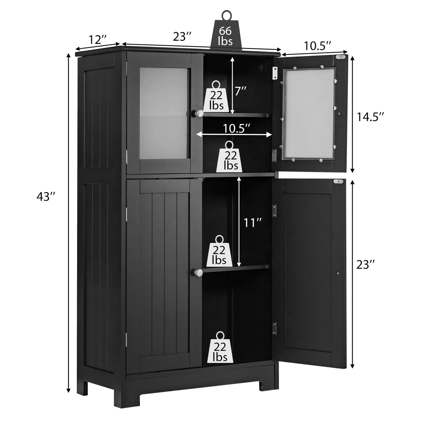 Bathroom Floor Storage Cabinet Kitchen Cupboard W/Doors&Adjustable Shelf Black