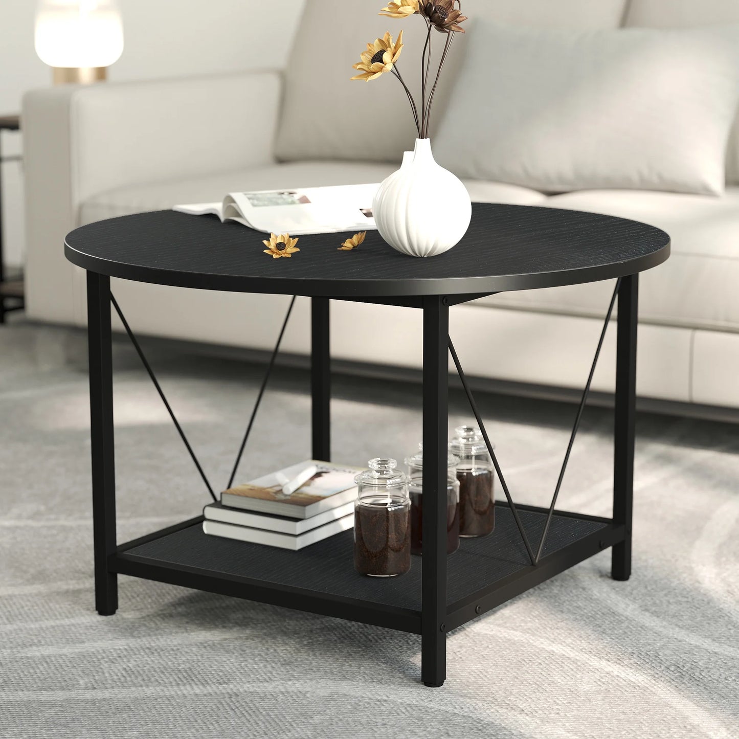 round Coffee Table with Storage, Rustic Living Room Tables with Sturdy Metal Legs, Brown