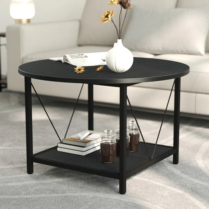 round Coffee Table with Storage, Rustic Living Room Tables with Sturdy Metal Legs, Brown