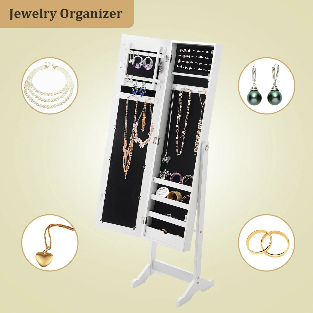 Mirrored Jewelry Cabinet Mirror Organizer Storage Ring Stand