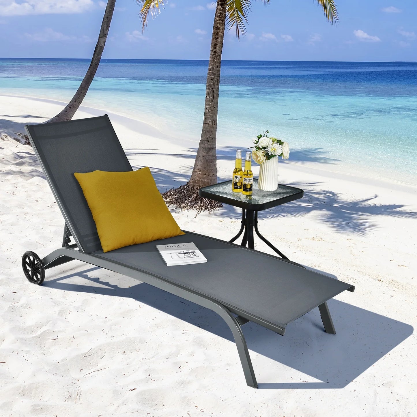 Outdoor Adjustable Chaise Lounge Patio 6-Position Recliner with Wheels Black